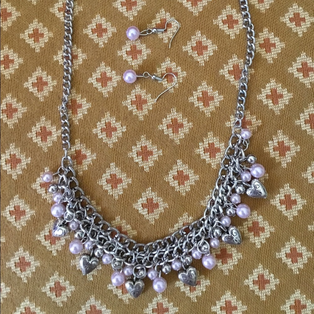 Pink Pearl & Hearts Necklace Earrings set